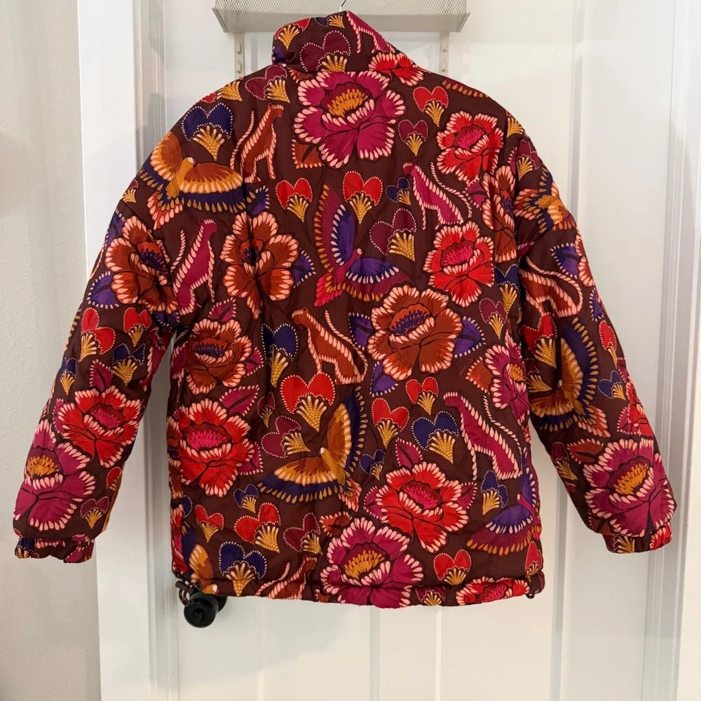 Farm Rio Nature Beauty Reversible Velvet Embroidered Puffer Jacket M Maximalist